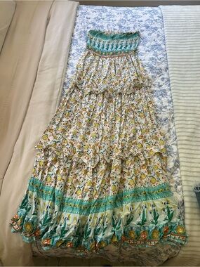 Strapless Bohemian Floral Maxi Dress in Teal & Yellow